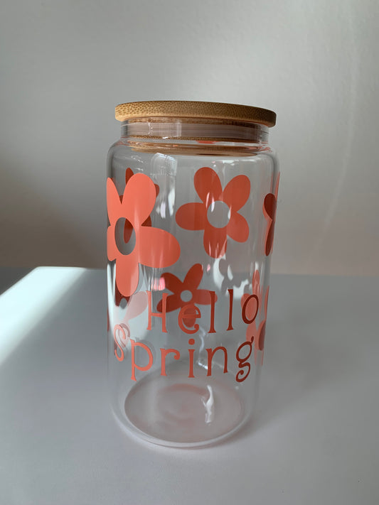 Hello Spring w/ Daisies 16 oz Glass Cup