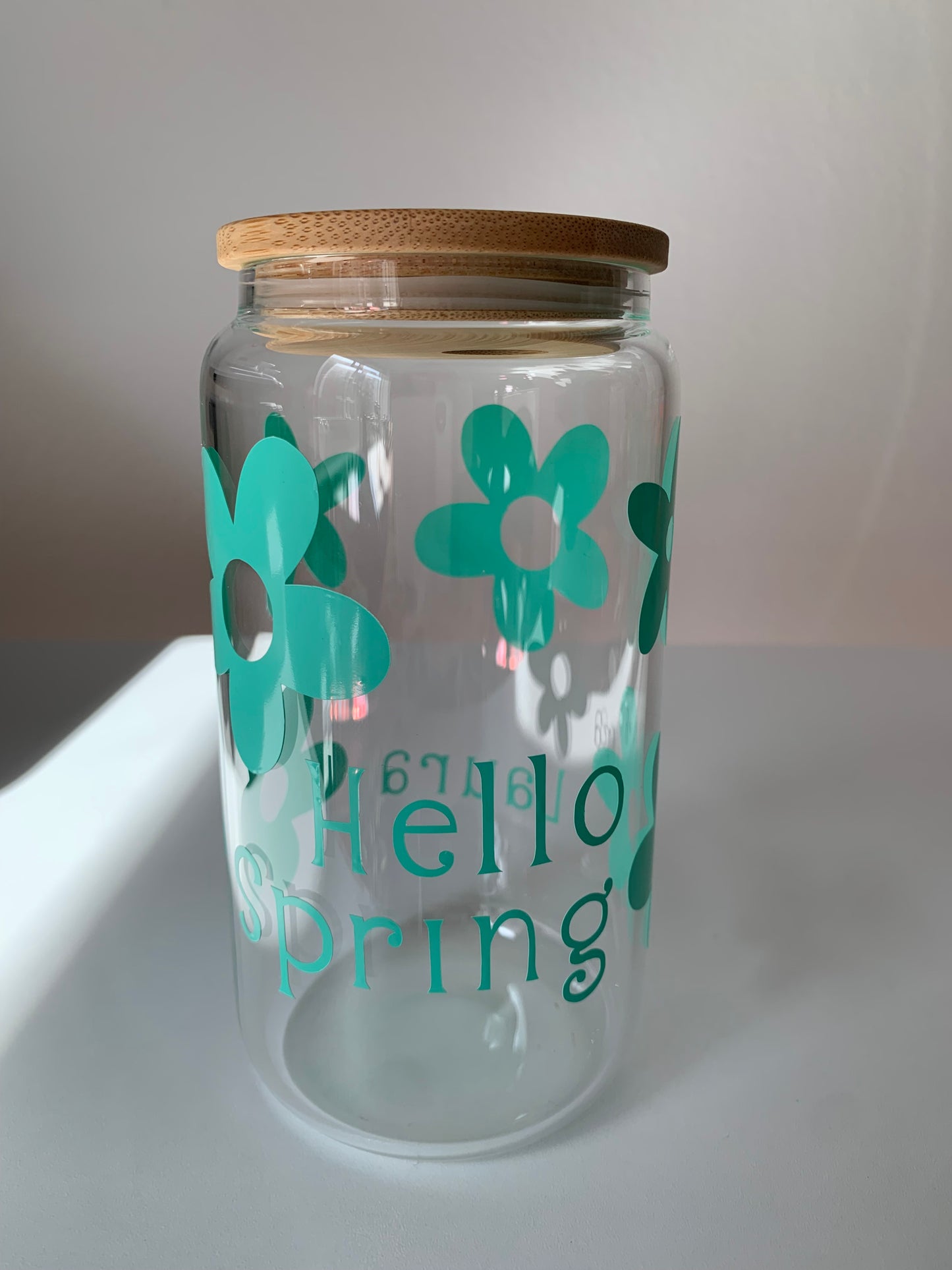 Hello Spring w/ Daisies 16 oz Glass Cup